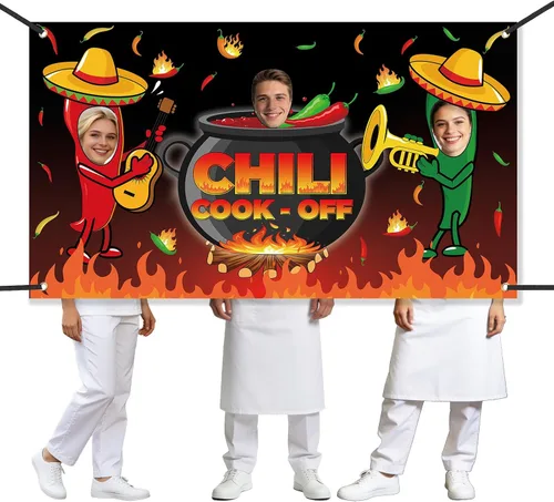 Miniatura 10 de Cartel de Chili Cook Off, pancarta de tela para concurso de 41 x 24 pulgadas, suministros para fiestas mexicanas (41.3 x 23.6 in)