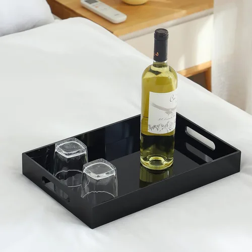 Miniatura 3 de Bandeja acrílica negra de gran tamaño con asas, 10 x 15 pulgadas, a prueba de derrames, bandejas decorativas para encimera para otomana, mesita