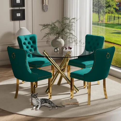 Miniatura 19 de Juego pequeño de mesa redonda con tapa de vidrio transparente para 2, 36'' Juego moderno de lujo para cenas circulares, 3 piezas Juego minimalista