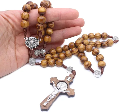 Miniatura 3 de Faith & Gospel Hertos - Collar con cuentas de madera para rosario, medalla de San Benito y cruz católica, cuerda de coronilla de oración religiosa