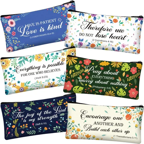 Zonon Paquete de 6 bolsas para lápices con versículos de la Biblia, con frase inspiradora, diseño floral, estilo rústico, con cita inspiradora,