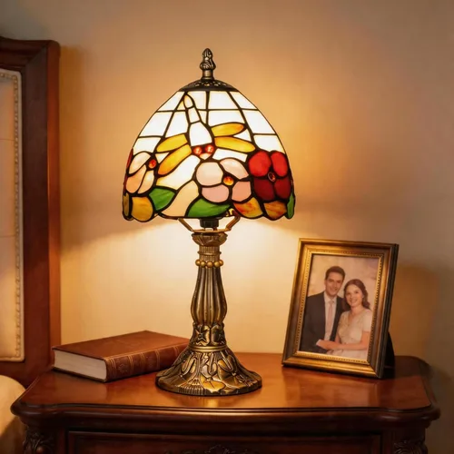 Lámpara de mesa pequeña estilo Tiffany, lámpara de vidrio teñido antiguo de 5 pulgadas, lámpara de mesa de noche para escritorio, para dormitorio,