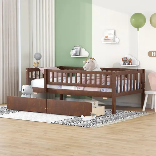 Miniatura 19 de Harper & Bright Designs Sofá cama individual con nido, marco de cama infantil de madera tamaño individual con valla, cama nido individual