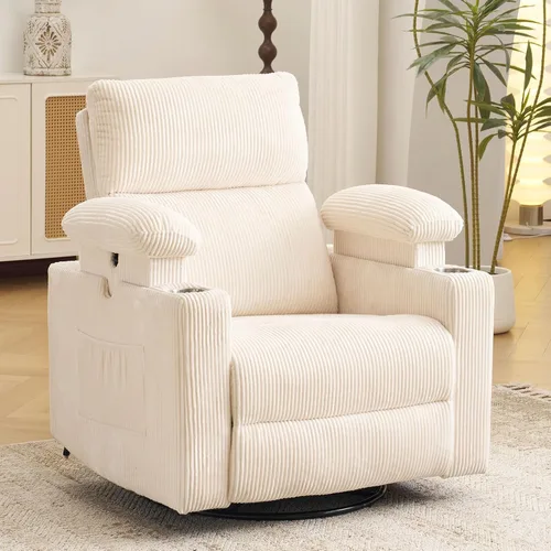 Silla Reclinable Eléctrica de Gran Tamaño Giratoria Deslizante con Masaje y Calor, Sillón Reclinable Giratorio Mecedor con Reposabrazos Ajustables,