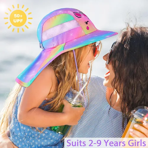 Miniatura 3 de Sombrero de sol para niños, protección UV, unicornio, verano, playa, jugar con ala ancha, solapa para el cuello para niñas y niños