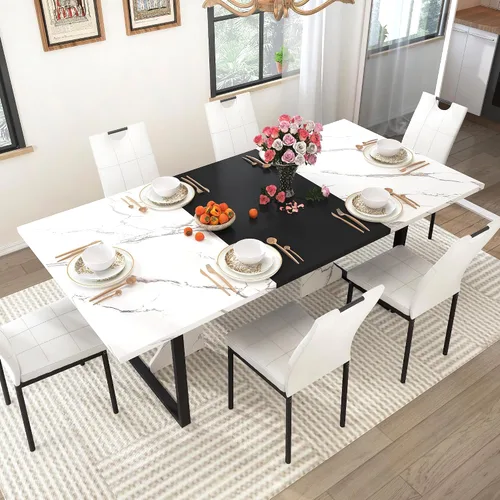 Miniatura 10 de chartustriable Juego de mesa de comedor de 7 piezas para 4, 5, 6 personas, mesa de cocina grande de madera larga de 71 pulgadas con 6 sillas
