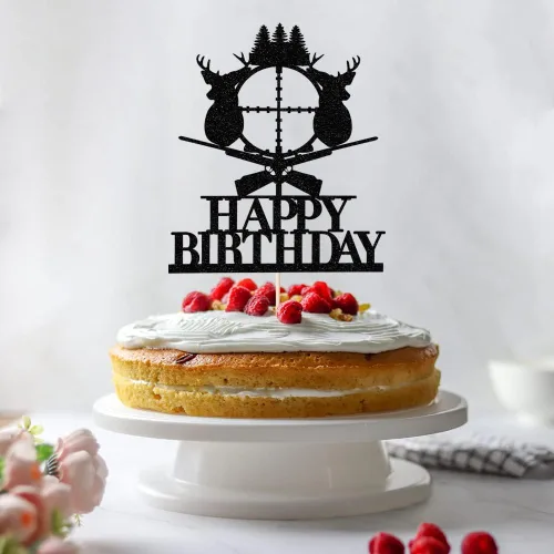 Miniatura 5 de Decoración para tartas de caza de ciervos, cuernos negros, decoración de pastel de feliz cumpleaños, temática de campamento de cazador para niños