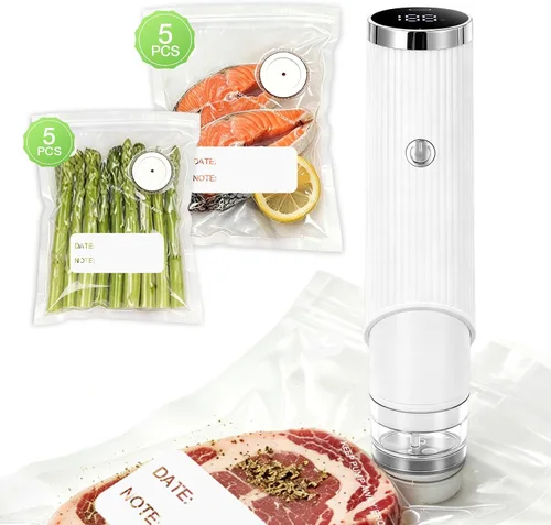 Sellador al vacío compacto para alimentos, máquina selladora al vacío de mano con 10 bolsas reutilizables, sellador automático portátil de alimentos