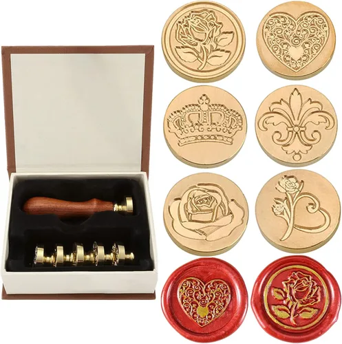 Miniatura 10 de Juego de sellos de cera Yoption, 6 sellos de cera de cobre + 1 kit de sellos de cera de madera vintage retro clásico, kit de sello de cera