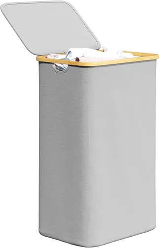 Miniatura 19 de SpaceAid Cesta de lavandería con tapa, 110L de gran capacidad, cesta alta para ropa con asas de bambú, cesta plegable para dormitorio, baño, Negro