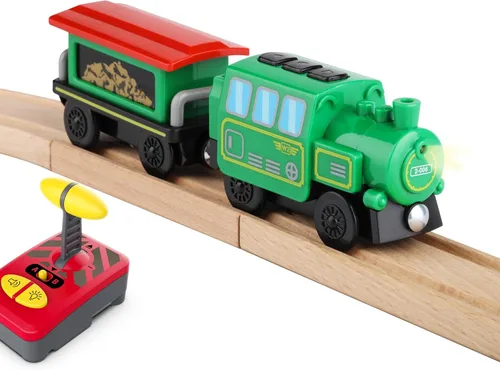Juego de tren de vapor a control remoto para vías ferroviarias de madera, motor a pilas con licitación y controlador, luces, sonidos, acoplamiento