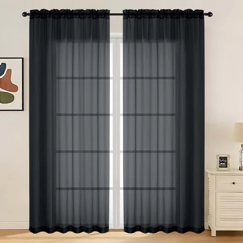 Miniatura 23 de LIVEKID Cortinas traslúcidas negras de cocina de 36 pulgadas de largo, cortinas cortas filtrantes de luz, 2 paneles de gasa aireada, texturizadas