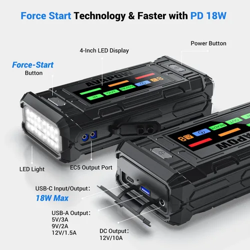Miniatura 7 de AVAPOW TJ18 5000A batería arrancador portátil con pantalla HD de 4 pulgadas, PD de 18 W, carga rápida, caja de salto de 12 V, arrancador de batería