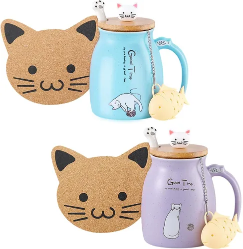 Miniatura 12 de BigNoseDeer Lindas tazas Kawaii de gato, taza de café de cerámica con infusor y tapa, cuchara, taza de té, regalos lindos y geniales para mujeres