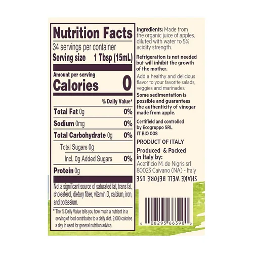Miniatura 3 de De Nigris Vinagre de Manzana Orgánico Crudo y Sin Filtro 500ml (16,9 Oz) Vinagre de Manzana con Madre, una Fuente de Elementos Funcionales