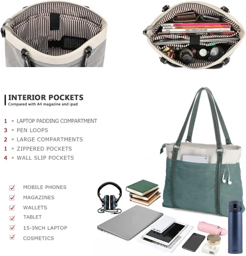 Miniatura 4 de Laptop Tote Bag for Women, 15.6 Inch Work Bag with Laptop Compartment and Zipper, Canvas Computer Tote for Teacher Verde