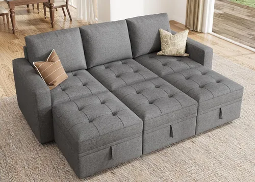 Miniatura 17 de HONBAY Sofá cama modular modular con cama extraíble, sofá en forma de L con asiento de almacenamiento, sofás seccionales para sala de estar, beige