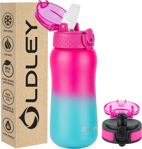 Miniatura 30 de Botella de agua aislada Oldley de 12 oz con pajita, botella de agua de acero inoxidable con 2 tapas, botellas de doble pared con vacío para adultos
