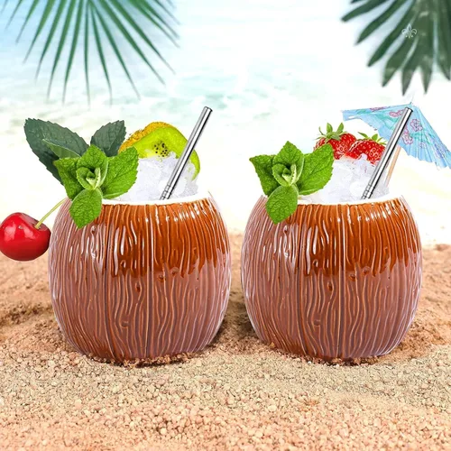 Miniatura 4 de LINALL Paquete de 4 tazas Tiki de cerámica de 17 onzas – Copas de cóctel de coco hawaiano para Mai Tai y piña colada, tazas Tiki duraderas, juego
