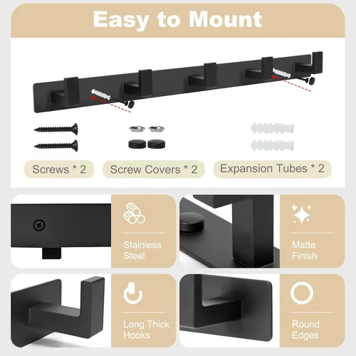 Miniatura 3 de Perchero de pared, perchero de metal con 5 ganchos, resistente, negro, 1 unidad