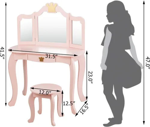 Miniatura 7 de Costzon Juego de Mesa y Silla de Tocador para Niños, Mesa de Maquillaje Princesa con Cajón y Espejo de Tres Pliegues, Juego de Tocador 2 en 1