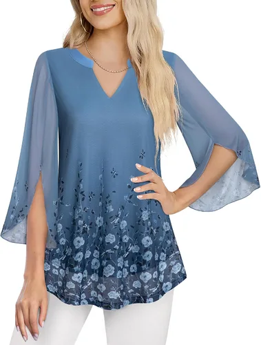 Miniatura 2 de VALOLIA Blusa tipo túnica floral de manga 34 para mujer, cuello en V, doble capa, ajuste holgado, de malla