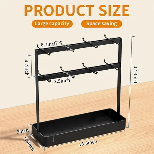 Miniatura 7 de RCHYFEED Soporte para taza de café para encimera, organizador de tazas de aleación de aluminio con 16 ganchos móviles, soporte de árbol de 2 niveles