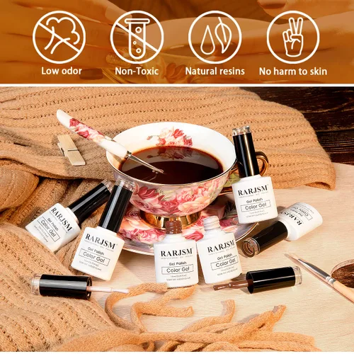 Miniatura 2 de RARJSM Juego de 6 esmaltes de uñas de gel, color marrón, café, vino, borgoña, nude, morado, rosa, champán, dorado, purpurina, para invierno, secado
