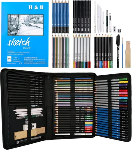 H & B Juego de 72 piezas de suministros de dibujo y boceto, kit de arte incluye lápices de dibujo y de colores para adultos, artistas y niños.