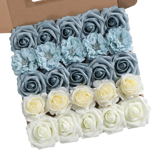 Miniatura 15 de rongflower Flores artificiales de aspecto real, color rosa polvoriento, rosas falsas de espuma con tallos, 25 piezas para bricolaje, bodas, Rosa