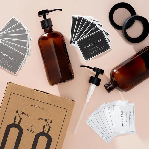 Miniatura 8 de Dispensador de jabón de manos y platos para cocina y baño, juego de 2 botellas de vidrio de 16 onzas, bombas de acero inoxidable, base de silicona