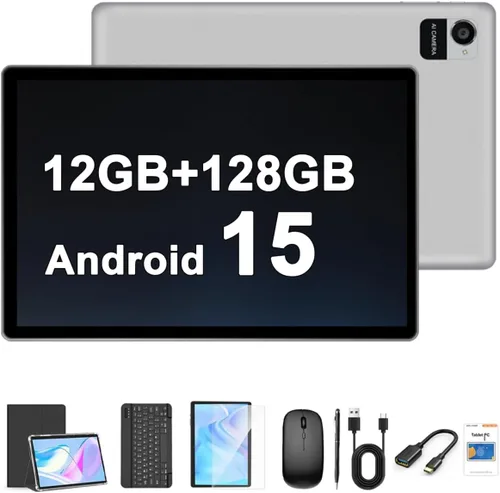 Crelander Tablet Android 15 de 10.1 pulgadas, tableta Android de 12 GB+128 GB, batería de 8000 mAh, pantalla táctil de 1280 x 800, WiFi Gris