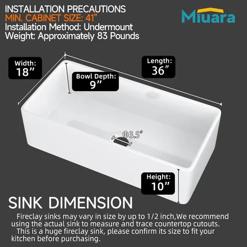 Miniatura 61 de Miuara Fregadero de Granja Negro de 33 Pulgadas - Fregadero de Cocina Grande de Frente con Delantal Tazón Individual 33"x18"x10", Instalación Bajo