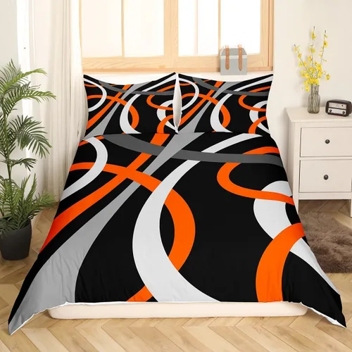 Miniatura 2 de Feelyou Juego de funda de edredón geométrica de color rojo, negro y gris, juego de ropa de cama retro con remolinos circulares a rayas circulares