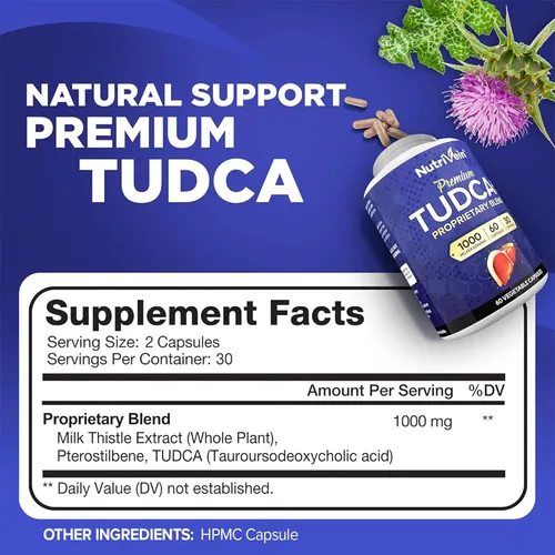 Miniatura 2 de Nutrivein Suplemento prémium de apoyo hepático TUDCA+ 1000 mg - Suministro para 30 días (60 cápsulas): Suplemento TUDCA Sales biliares