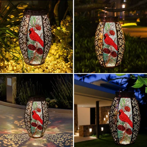 Miniatura 5 de Faroles solares colgantes para exteriores, luz LED cardenal de cristal, impermeable, hueca, decoración de metal, jardín, patio, regalos, mesa