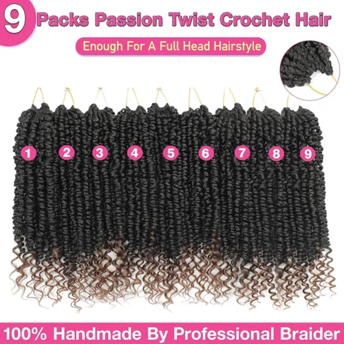 Miniatura 3 de 9 paquetes de cabello pretrenzado Passion Twist de 10 pulgadas, cabello de ganchillo Passion Twist con ombre marrón, trenzas de ganchillo bohemio