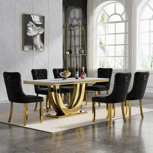 Miniatura 46 de Juego de mesa de comedor de mármol sintético, 7 piezas, juego de mesa de cocina y comedor para 6, mesa de comedor rectangular blanca de 70 pulgadas