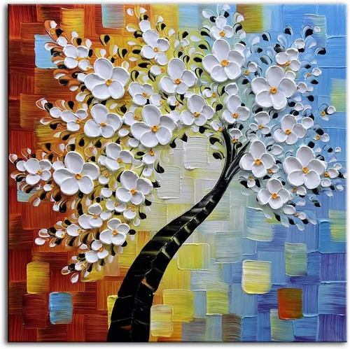 YaSheng Art - Pintura al óleo pintada a mano sobre lienzo con flores blancas, decoración moderna de interiores para el hogar, arte de pared para