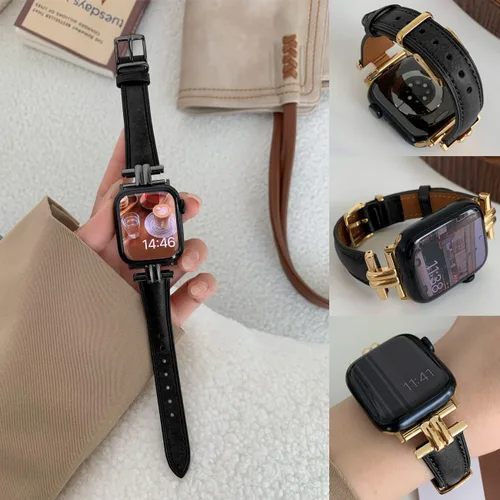 Miniatura 2 de Juntan Correa delgada de cuero compatible con Apple Watch 38mm 40mm 41mm 42mm 44mm 45mm 46mm 49mm, pulsera de reloj de cuero genuino en forma de I