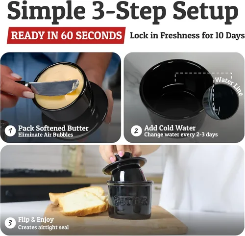 Miniatura 3 de Priority Chef Mantequilla grande con tapa con línea de agua, plato de mantequilla francesa de cerámica para dejar en el mostrador, color negro