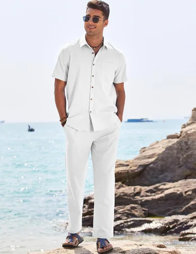 Miniatura 2 de COOFANDY Conjunto de 2 piezas de lino para hombre, conjunto de camisa y pantalón con botones para la playa