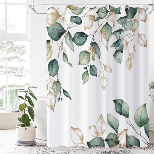 Miniatura 25 de Cortina de ducha de hojas de eucalipto en blanco y negro, hojas de acuarela negras y doradas, cortina de baño con plantas botánicas, tela