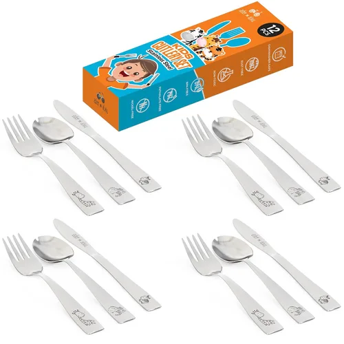 Miniatura 6 de Juego de cubiertos para niños, 12 piezas, incluye 4 tenedores, 4 cucharas y 4 cuchillos aptos para niños, cubiertos de metal para niños en edad