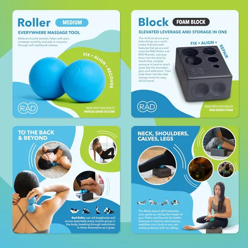 Miniatura 3 de RAD Juego completo de liberación miofascial y recuperación muscular, incluye rodillos de espuma para ejercicio, bloque de yoga multiusos, bolas