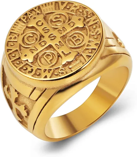 HZMAN Anillo de exorcismo de San Benito para hombres y mujeres, plata de acero inoxidable, cruz católica, romana, protección de demonios, cazador de