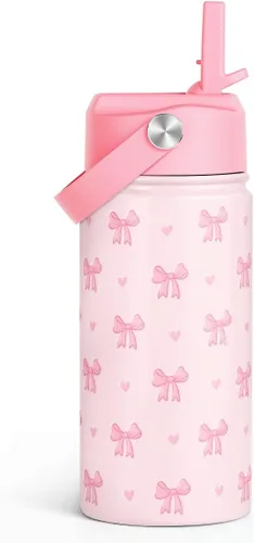 Miniatura 30 de SANDJEST Botella de Agua para Niños con Tapa de Pajita - 12 Oz Botella de Acero Inoxidable Aislada con Dibujo de Animales para Niños y Niñas - Taza