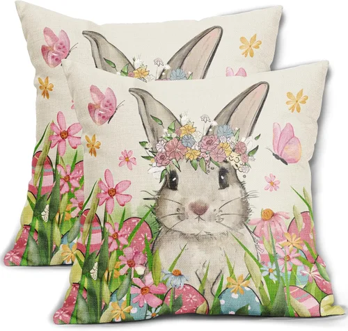 Miniatura 9 de Juego de 2 fundas de almohada de primavera de 12 x 20 pulgadas, diseño floral de conejo, conejo, floral, decorativas, lumbar, para sofá o cama