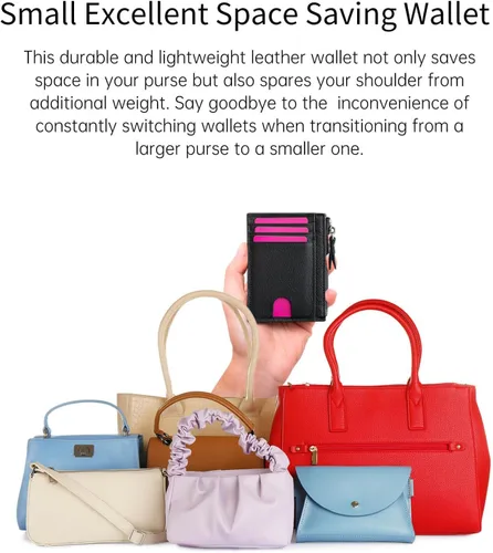 Miniatura 5 de Cartera delgada para mujeres de piel pequeña con bloqueo RFID, tarjetero minimalista con bolsas para monedas y fundas, Negro, Moderno