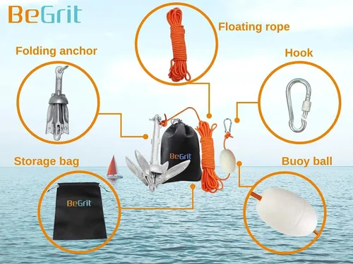 Miniatura 3 de BeGrit Ancla de kayak Anclaje de barco pequeño Anclaje marino plegable para pesca, kayak, tabla de remo, canoa, moto acuática, con bolsa de 1.5 lbs